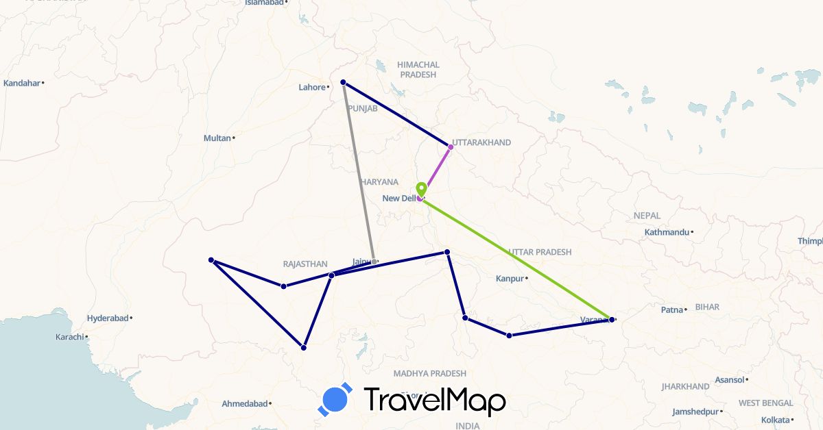 TravelMap itinerary: driving, plane, train, electric vehicle in India (Asia)